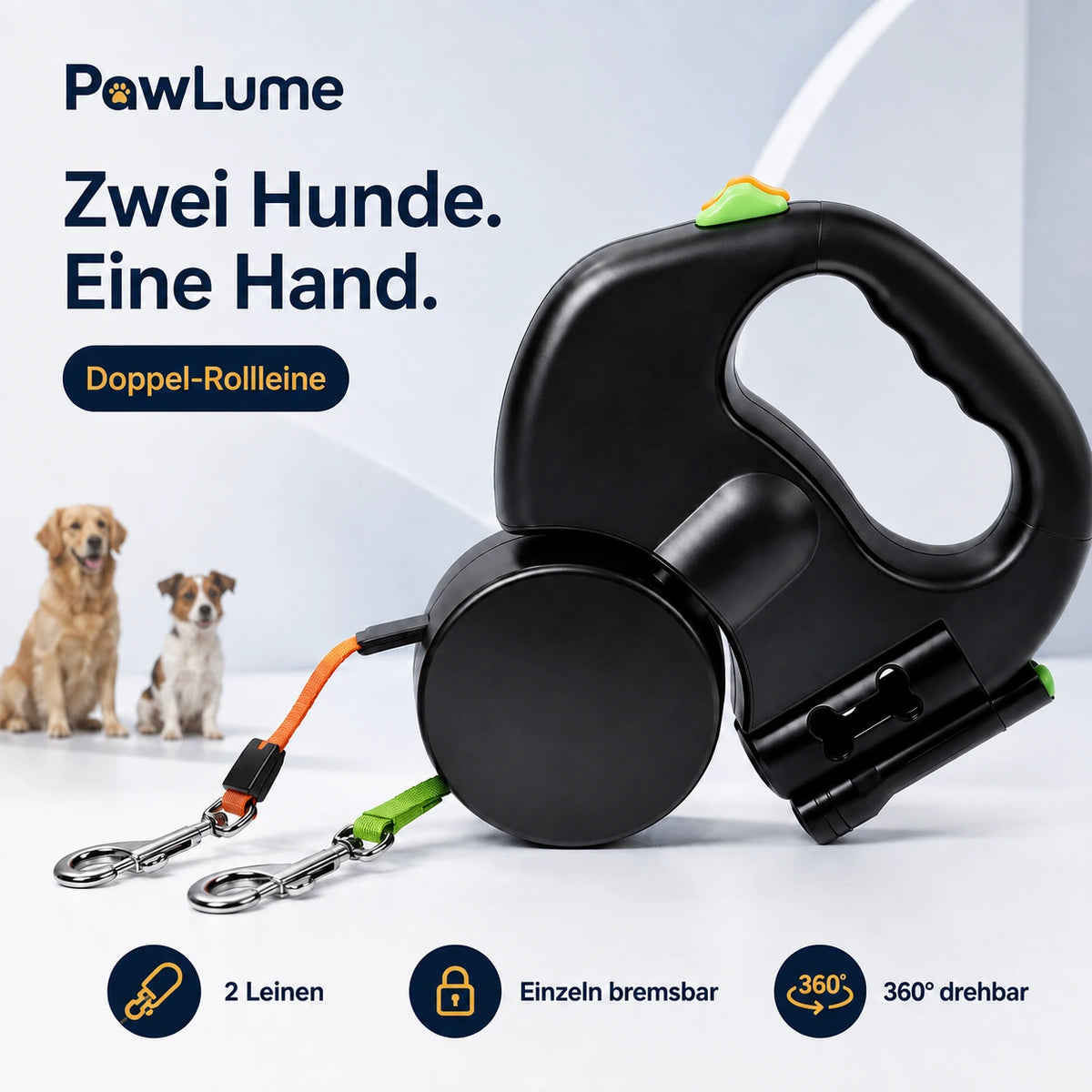 PawLume Doppel-Rollleine für zwei Hunde 2 × 3 m, mit LED