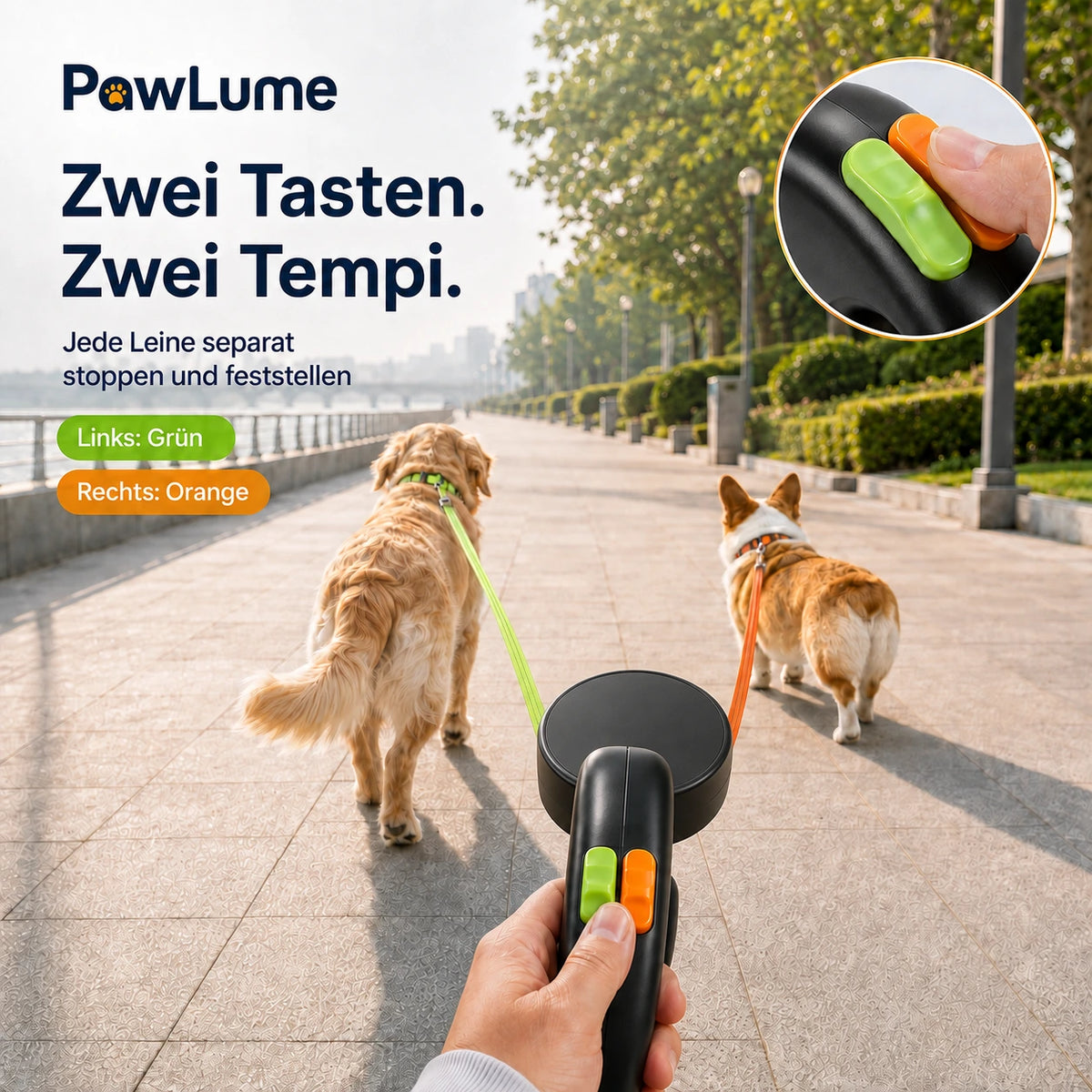 PawLume Doppel-Rollleine für zwei Hunde 2 × 3 m, mit LED