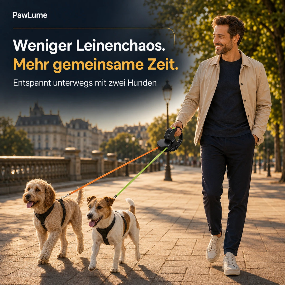 PawLume Doppel-Rollleine für zwei Hunde 2 × 3 m, mit LED